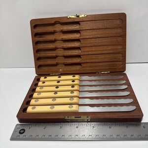 Vtg Simmons Set of 6 Stainless Steak Knives Original Wood Box Bakelite Handles